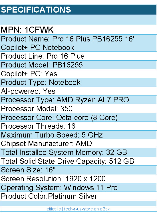 Dell 1CFWK Pro 16 Plus PB16255 16″ Copilot+ PC Notebook – Full HD Plus