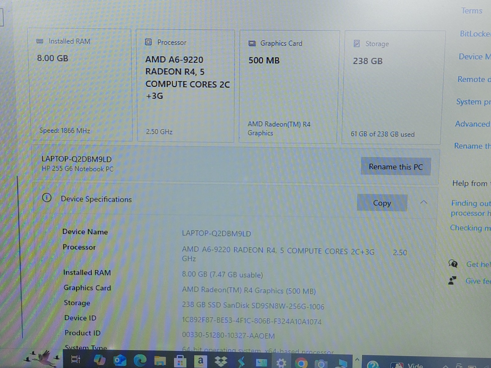 HP 255 G6 Notebook AMD R4 Radeon 8 GB Ram / 256 GB SSD OS Windows10 pro