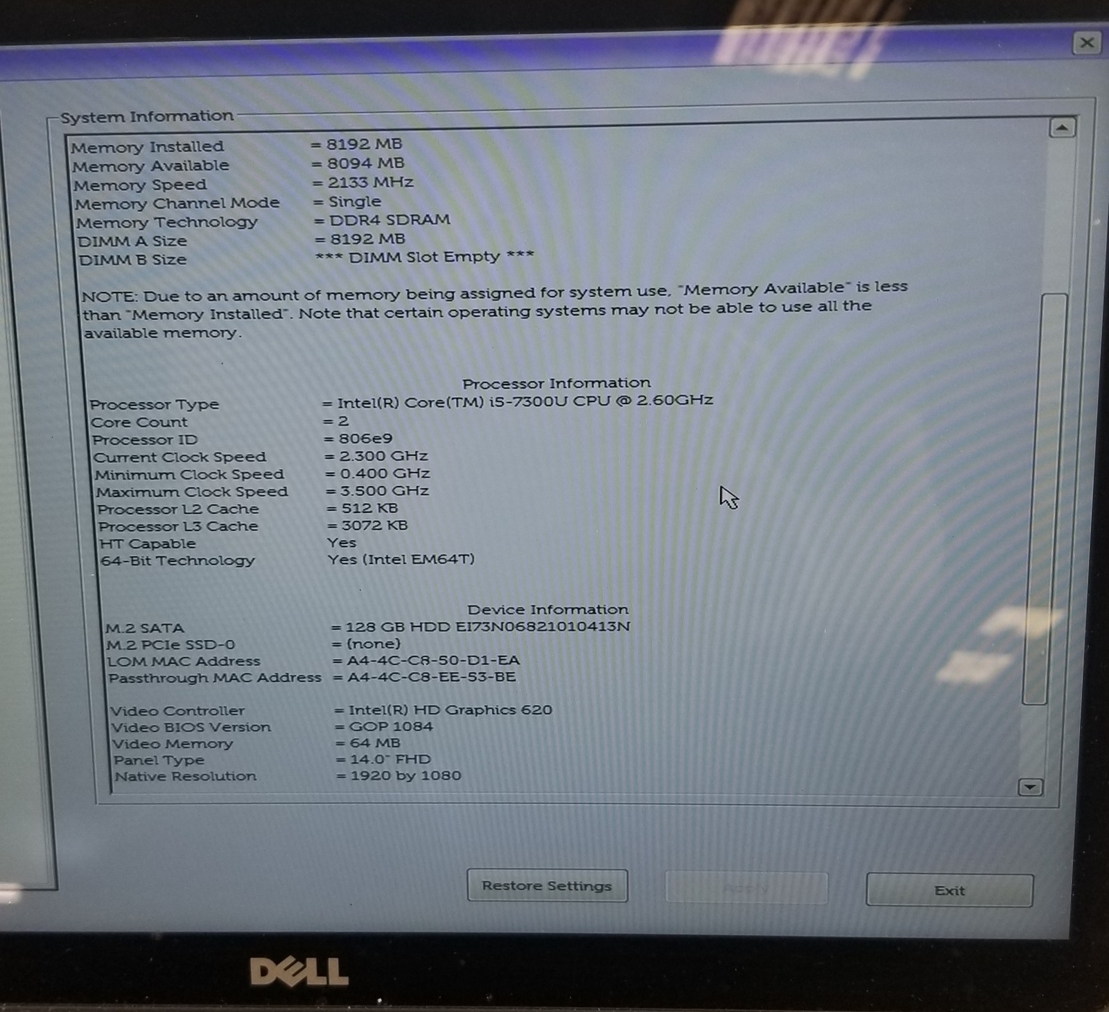 Dell Latitude 7480 i5-7300U @ 2.60GHz 8GB 128GB SSD WIN 11 PRO