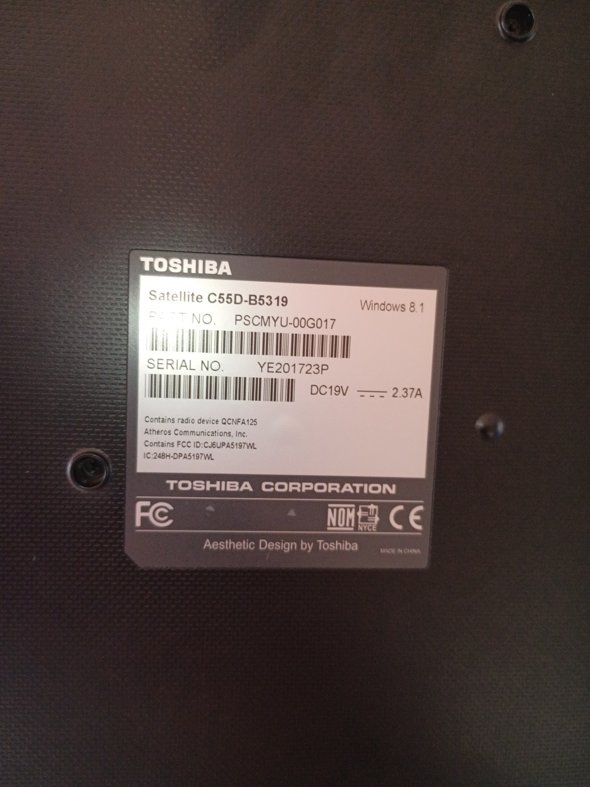 Toshiba Satellite C55-B5319 Laptop Intel Celeron N2840 @ 2.16 GHz 4GB 500GB HDD