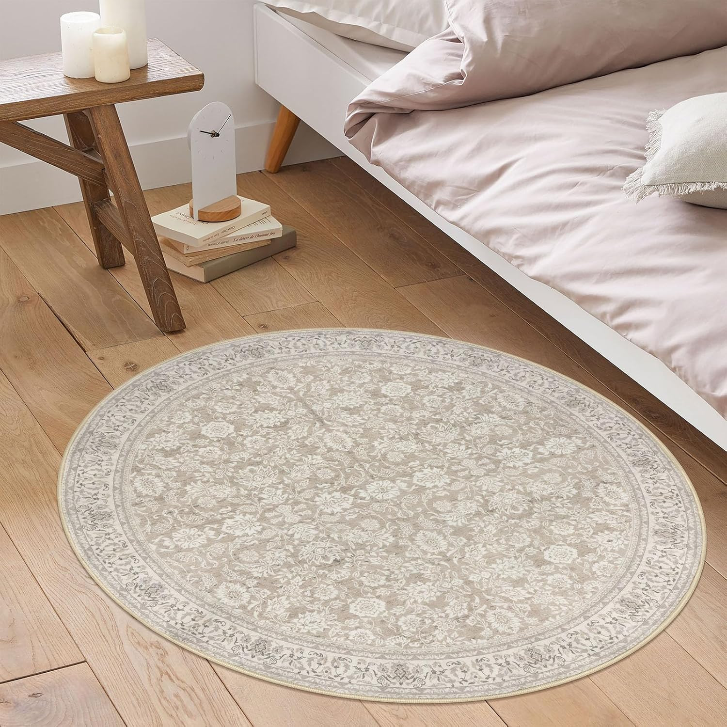 3′ round Rug Washable Rug for Entryway, Cream Beige Yellow White Grey Soft Non-S