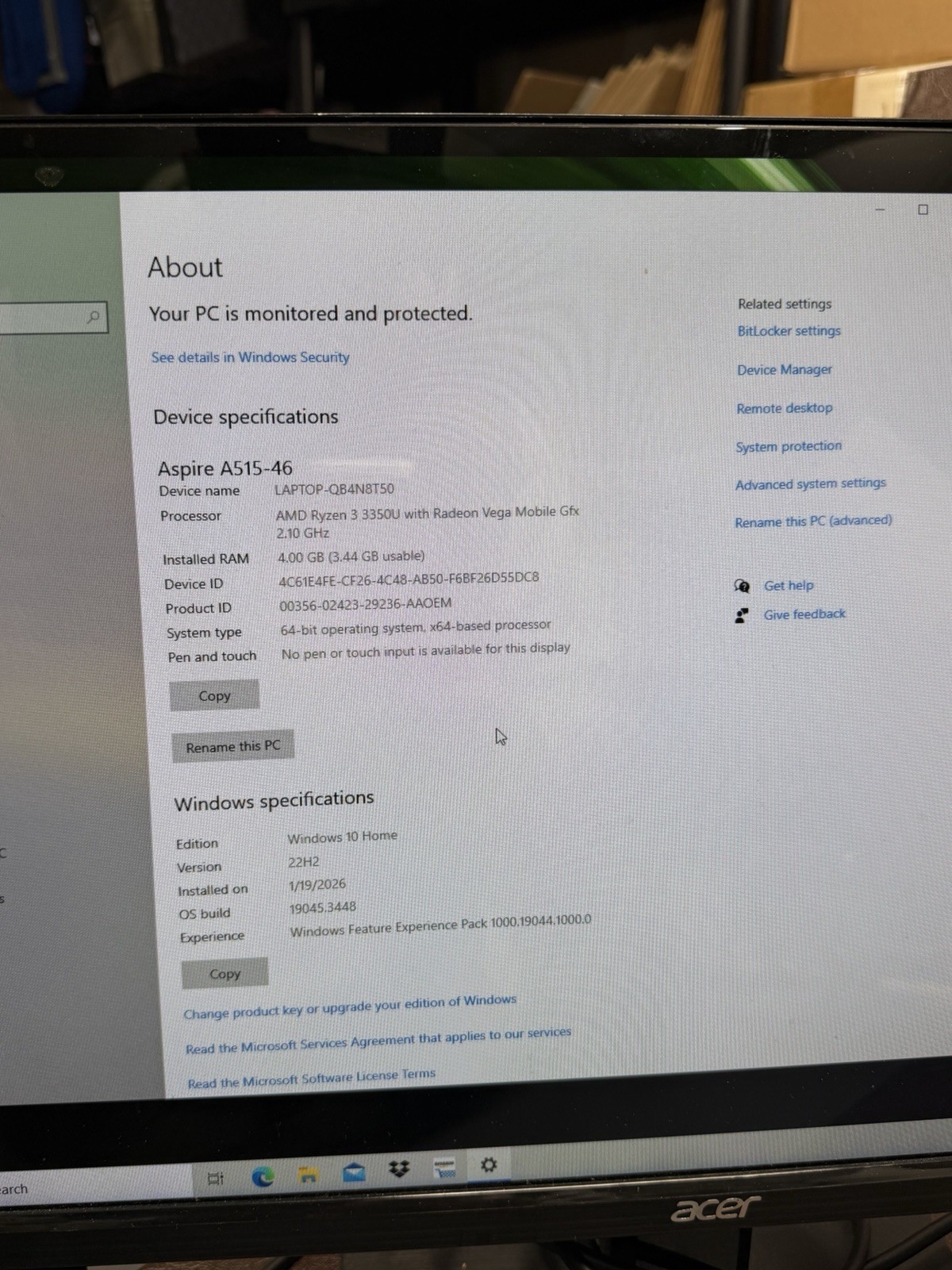 Damaged Screen Acer Aspire 5 15.6″ 128GB SSD, AMD Ryzen 3 3350U, 2.1GHz, 4GB RAM
