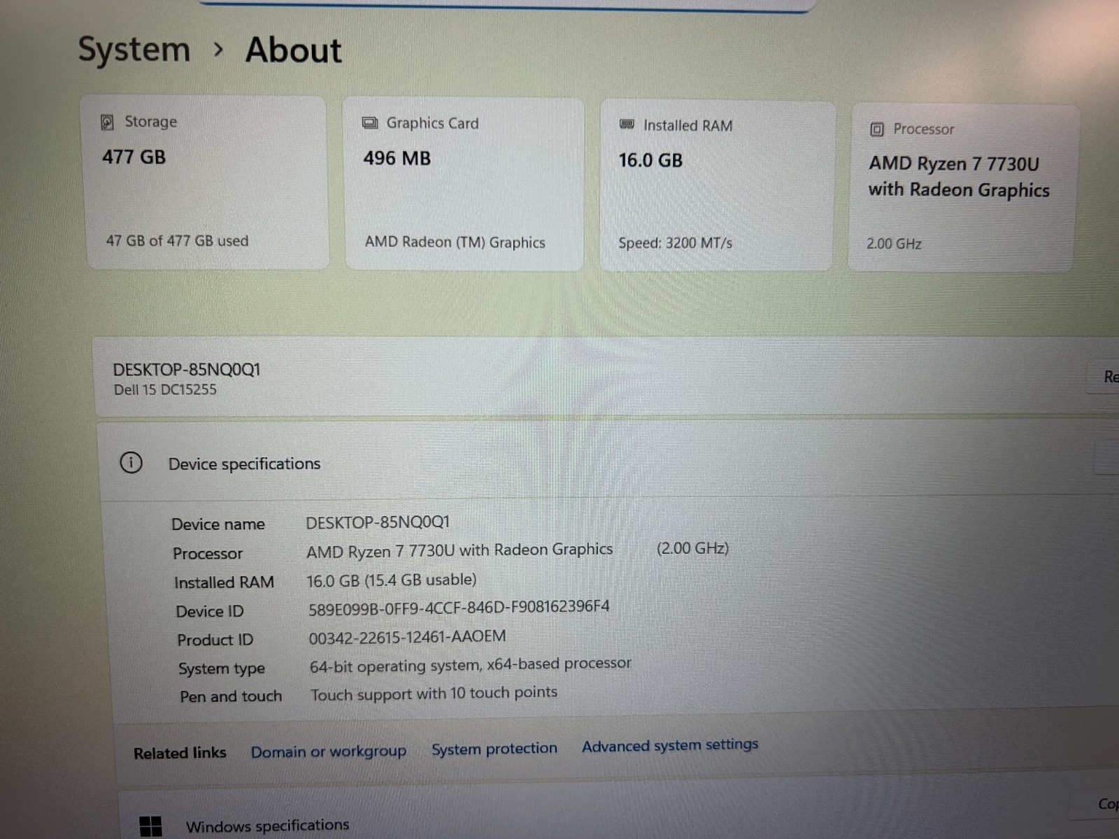 DELL 15 DC15255 G8MK9, AMD Ryzen 7 7730U, 2.00 GHz, 16 GB RAM, 512 GB NVMe