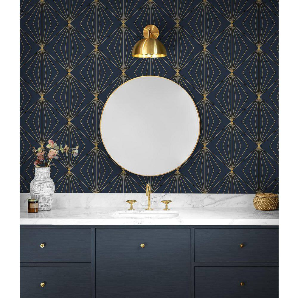 57.5 Sq. Ft. Dark Blue & Metallic Gold Gem Geometric Pre-Pasted Paper Wallpaper