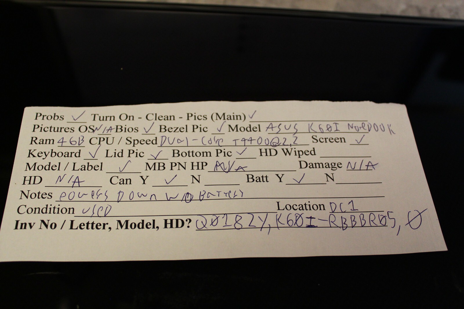 Asus K60I Notebook For Parts Bios No HDD 4GB Ram Dual-Core T4400@2.2GHz CPU