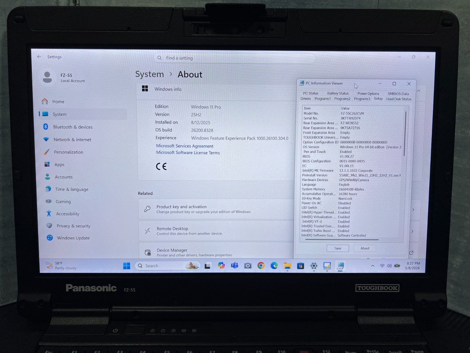 FZ-55C262CVM i5-8365U, 512GB SSD,16GB Mem,VGA,HDMI, GPS, Touchscreen,Win11 25H2.