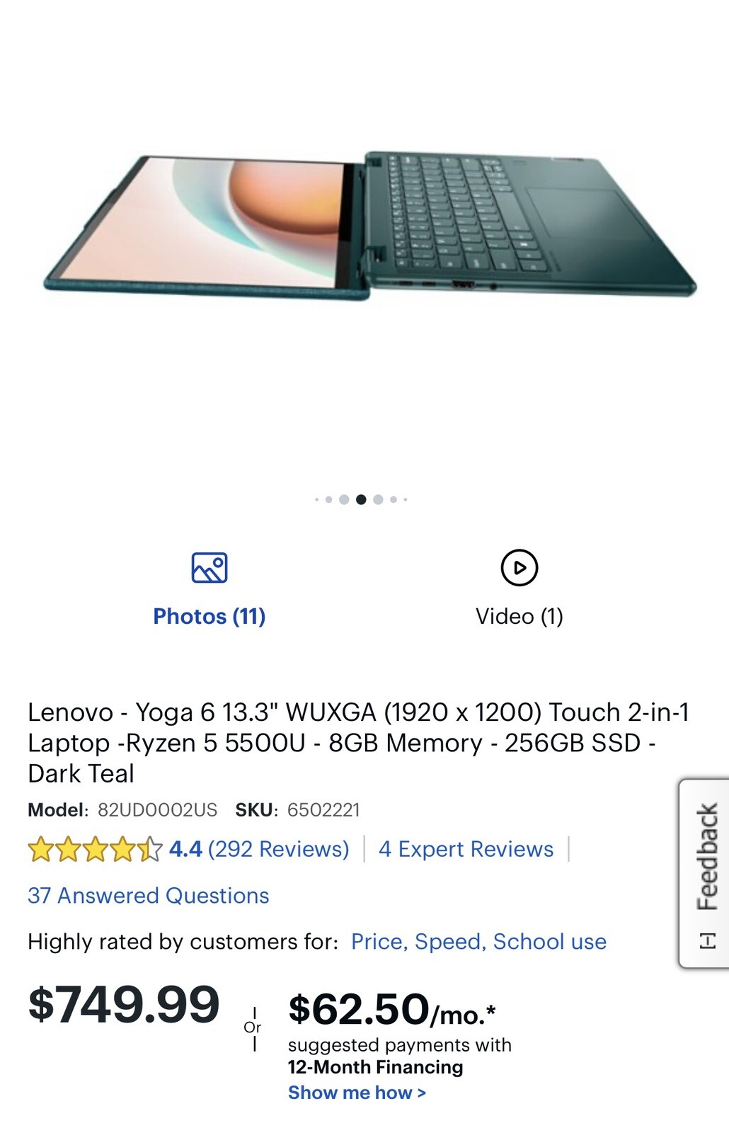 Lenovo Yoga 6 13ALC7 13.3″ (256GB SSD, AMD Ryzen 5 5000 Series, 4.0 GHz, 8GB)…