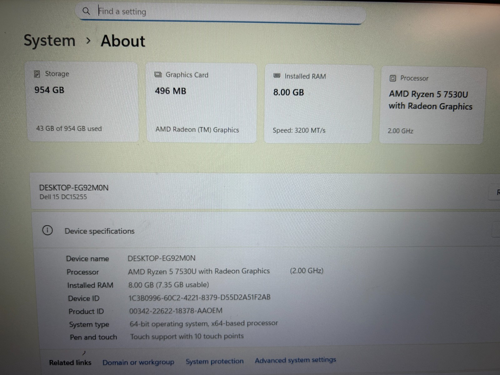 DELL 15 DC15255 HV1N4, AMD Ryzen 5 7530U, 2.00 GHz, 8 GB RAM, 1 TB NVMe SSD