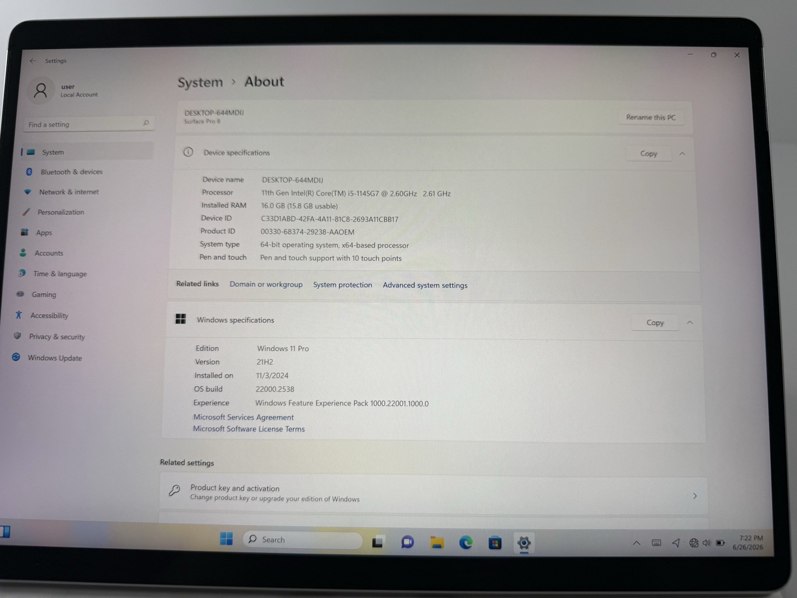 Microsoft Surface Pro 8 (1982) i5-1145G7 – 16GB RAM – 256GB 120Hz – Win 11 Pro