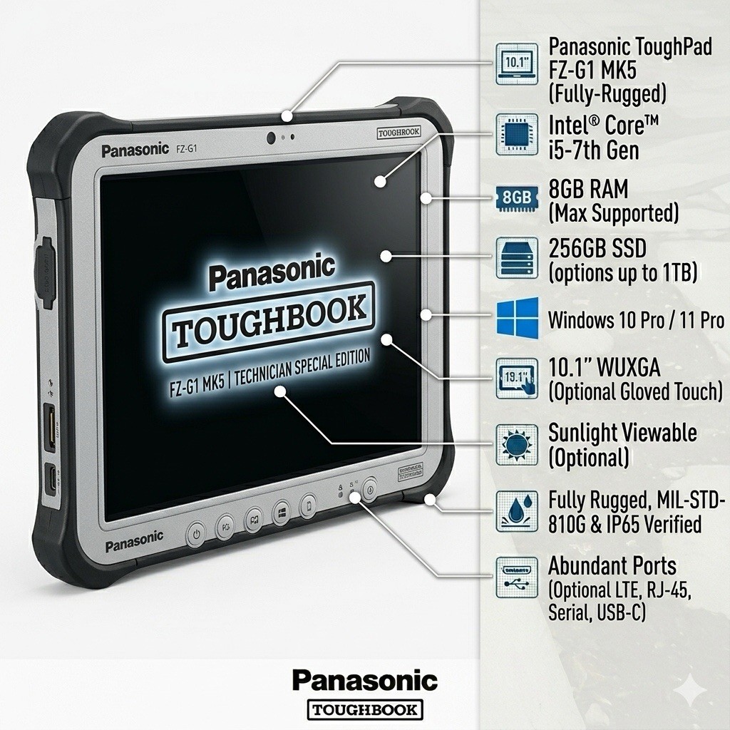 Panasonic ToughPad FZ-G1 MK5 | I5-7th Gen | 8 GB RAM | 256 GB SSD | Wind 11 Pro