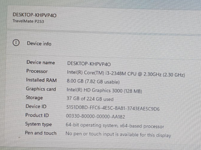 ACER TRAVELMATE P253 LAPTOP 2ND GEN i3-2348M 15.5″ 8GB 240GB SSD HDMI WIN11-85