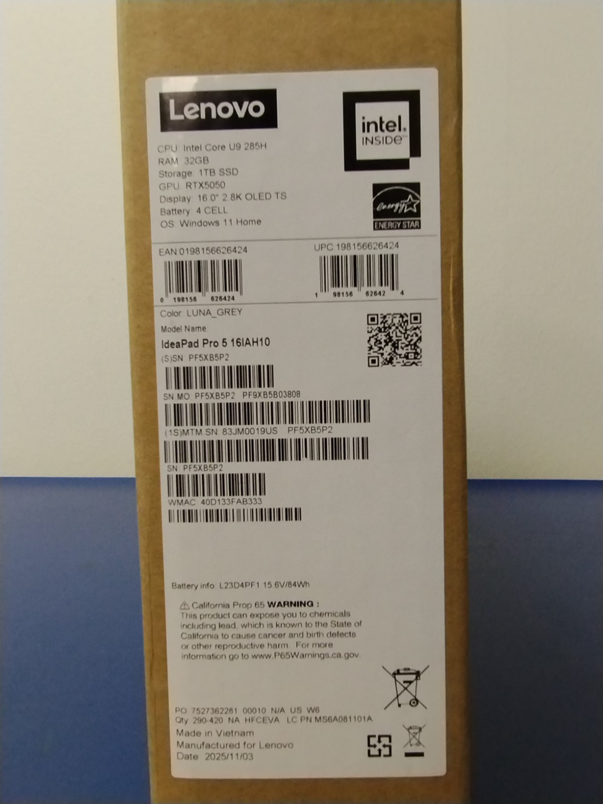 Lenovo IdeaPad Pro 5 16IAH10 Intel Core Ultra 9 285H, 2.90 GHz, 32 GB, 1 TB NVMe