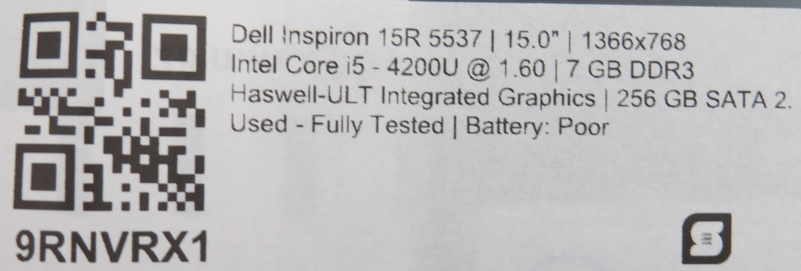 Dell Inspiron 15R 5537 | i5-4200U@1.8GHz | 8GB DDR3 | 256GB SSD | 15.6″ | No OS