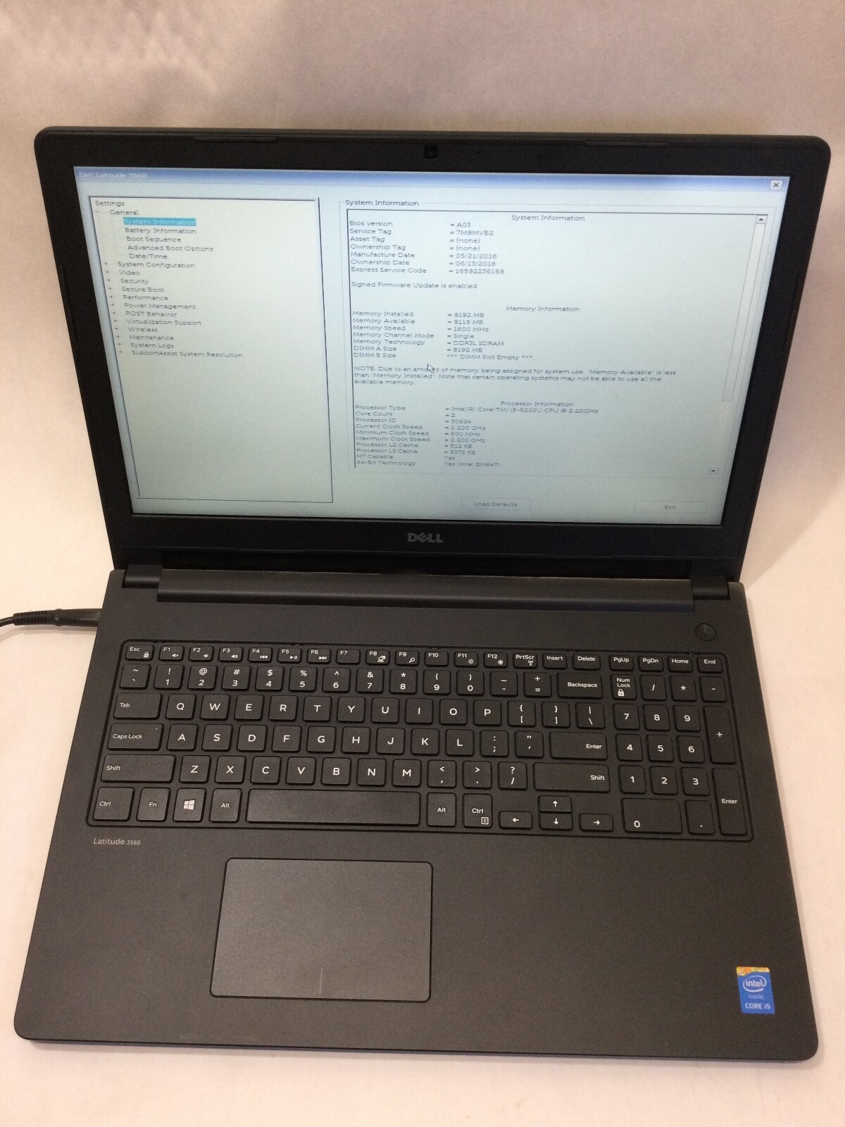 DELL LATITUDE 3560 – I5 5200U – 8GB RAM – BOOTS TO BIOS – AS IS – READ DESC – BB