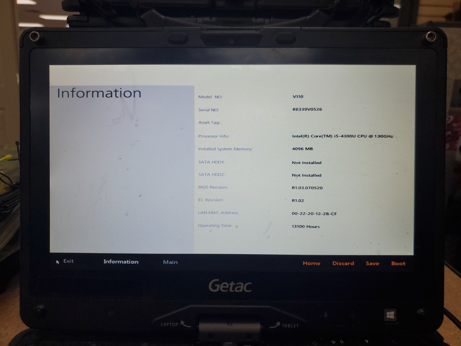 GETAC V110 Laptop Tablet Touch Screen i5-4300U 1.90GHz 8gB No HDD 13100hrs