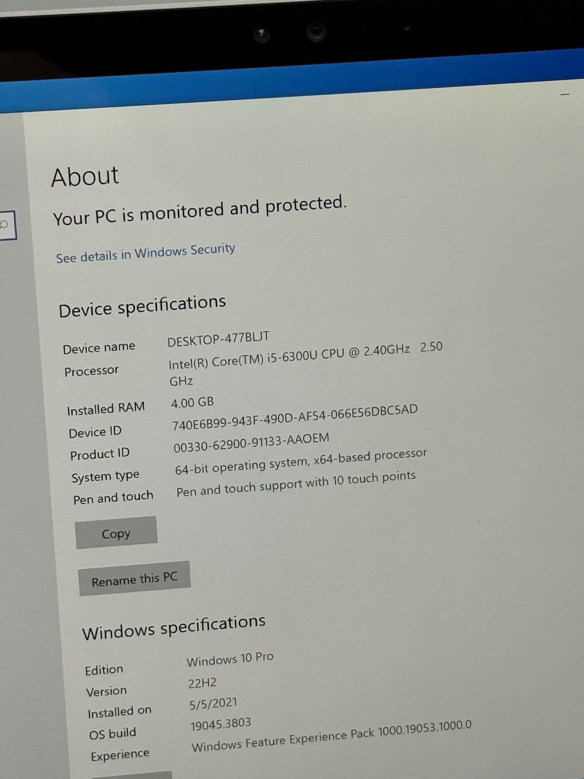 Microsoft Surface Pro 4 1724 12.3” Intel i5-6300U 4GB RAM 128GB SSD WIN10P