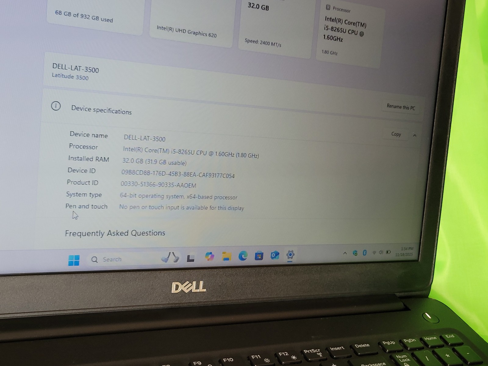 Dell Latitude 3500 32GB 1TB SSD Laptop W11 Pro Intel Core i5-8265u 1.6 GHz 15.5″