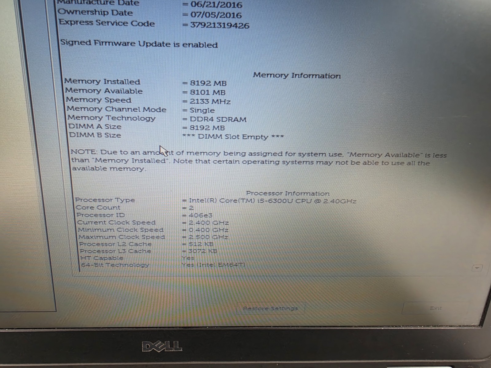 DELL LATITUDE E5570 15.6″ INTEL CORE I5-6300U 8GB Ram No SSD/BATTERY