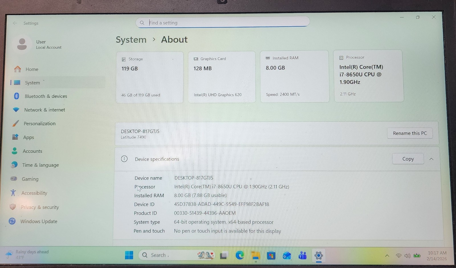 Dell Latitude 7490 14″ FHD i7-8650U CPU 8GB 120GB SSD Win11Pro
