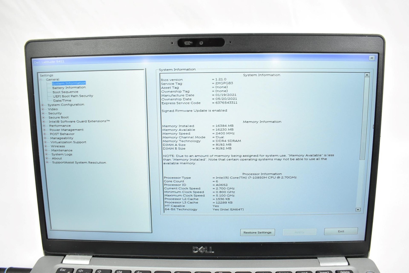 Dell Latitude 5411 Laptop i7-10850H 2.7GHz 16GB 256GB SSD 14″ No OS *See Details