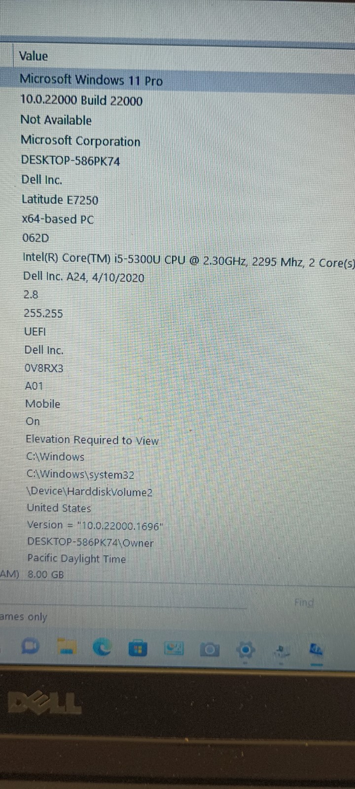 5221 LatitudeE7250 w/charger.i5-5300.8GB.256GB mSata SSD.12.5″.W11.Nice