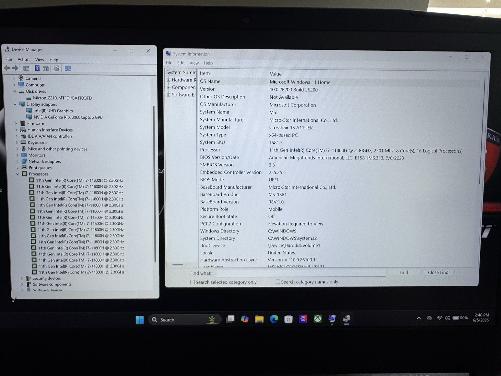 MSI CROSSHAIR 8-CORE RX3060 GAMING LAPTOP i7 11TH GEN.16GB RAM/1TB SSD.NICE👍