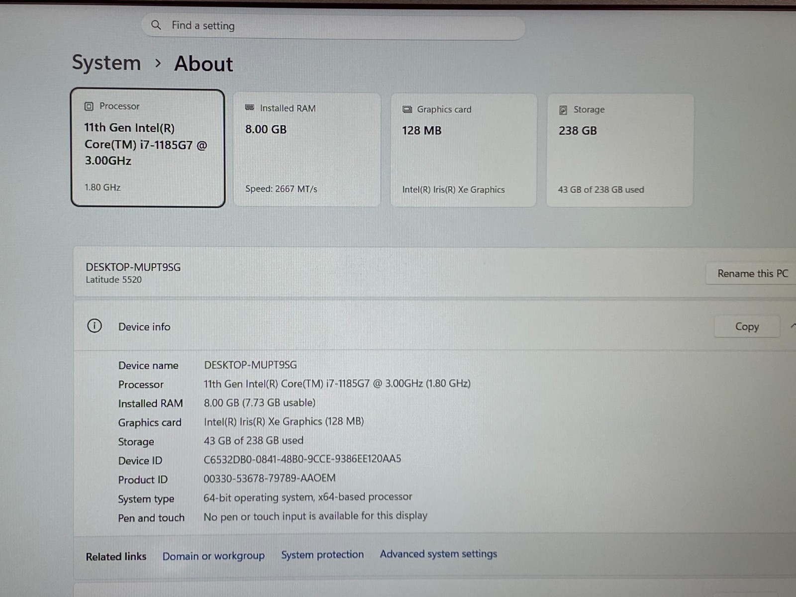 DELL LATITUDE 5520 15″ i7-1185G7 8GB RAM 256 GB SSD WINDOWS 11 BATTERY 80% NO AC