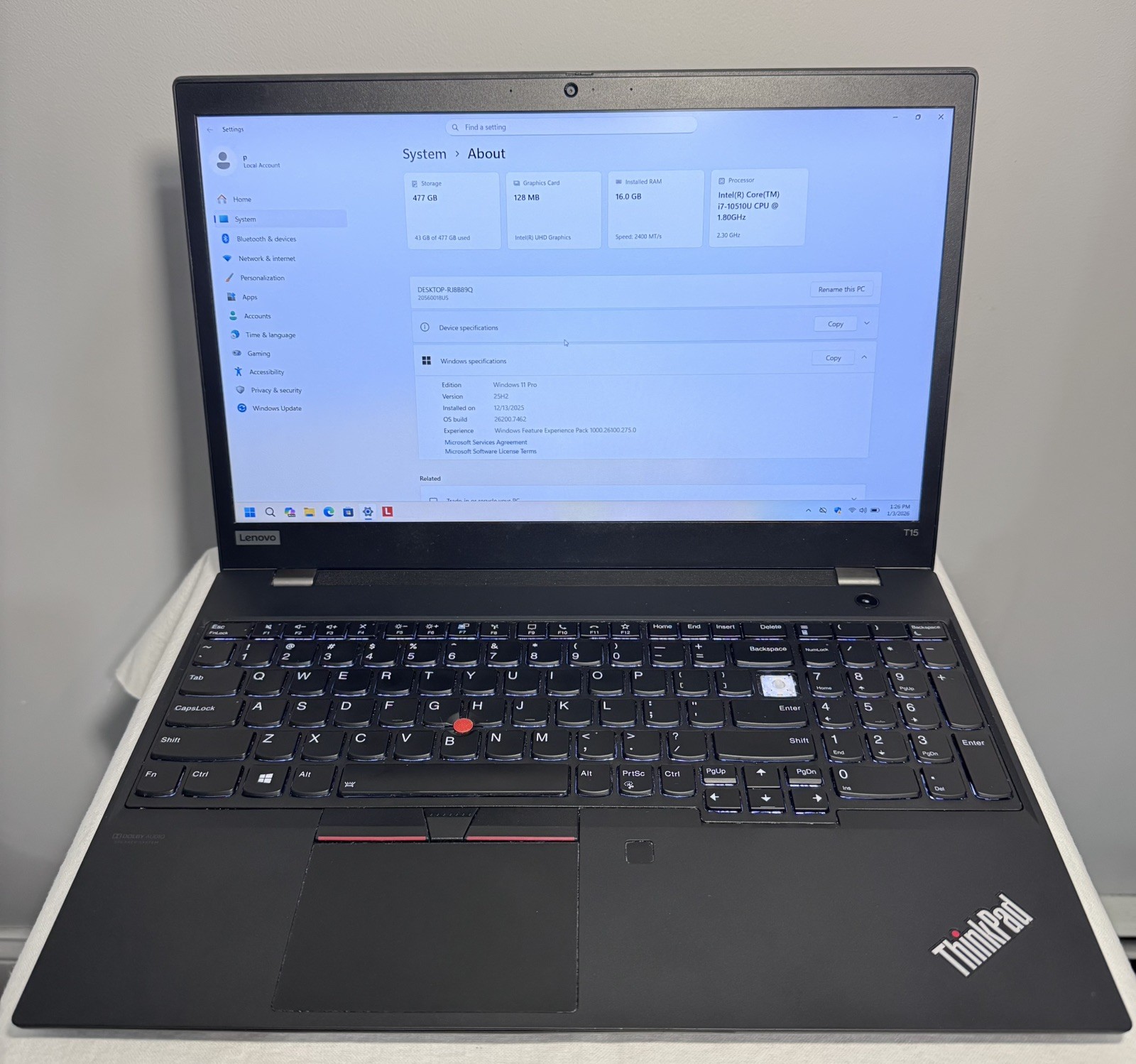 LENOVO ThinkPad T15 Gen1 i7 15.6″ 16GB RAM 512GB SSD WIN11P