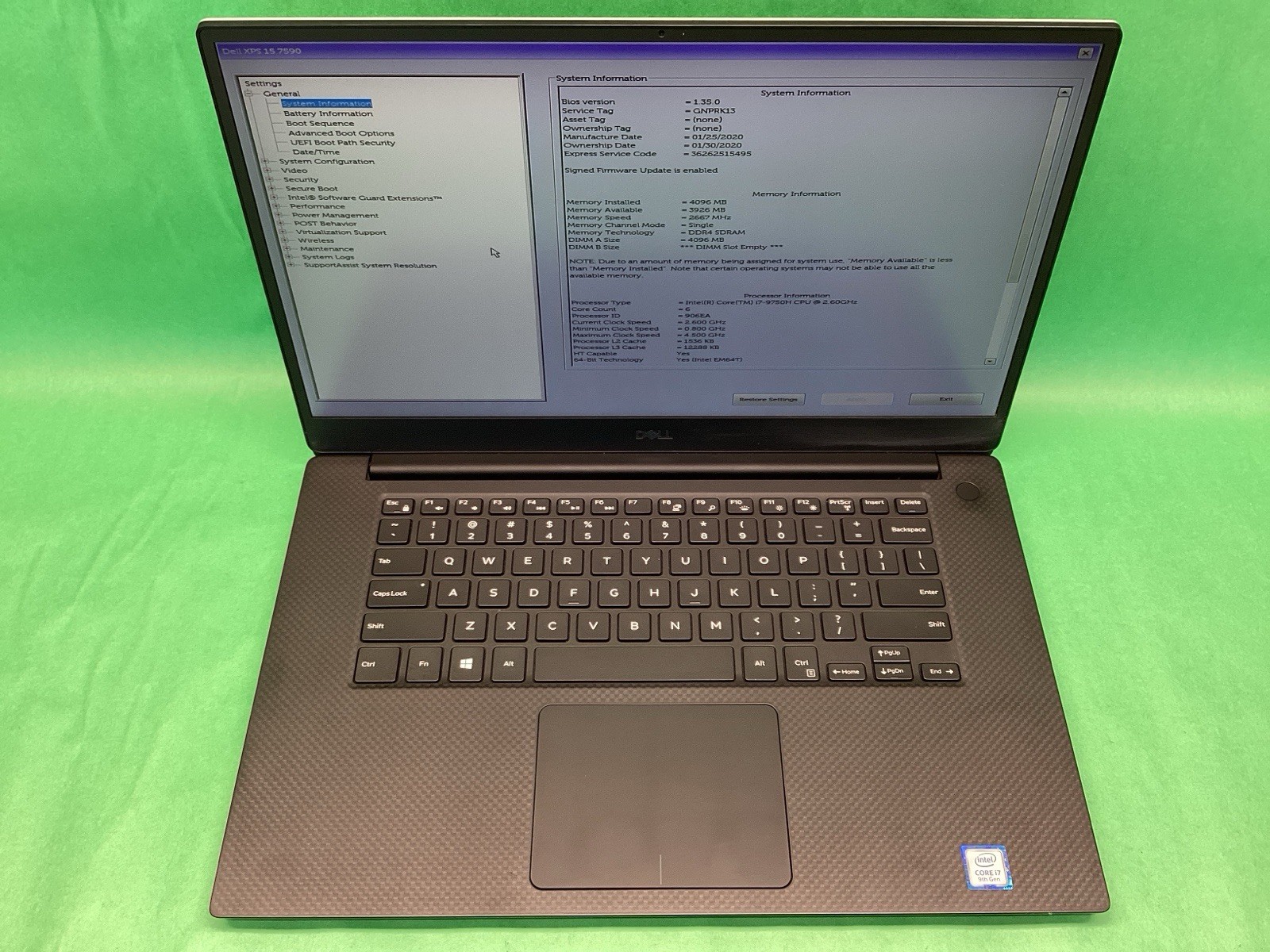 Dell XPS 15 7590 – Intel i7 9750H – NO SSD – POWERS ON – UNTESTED
