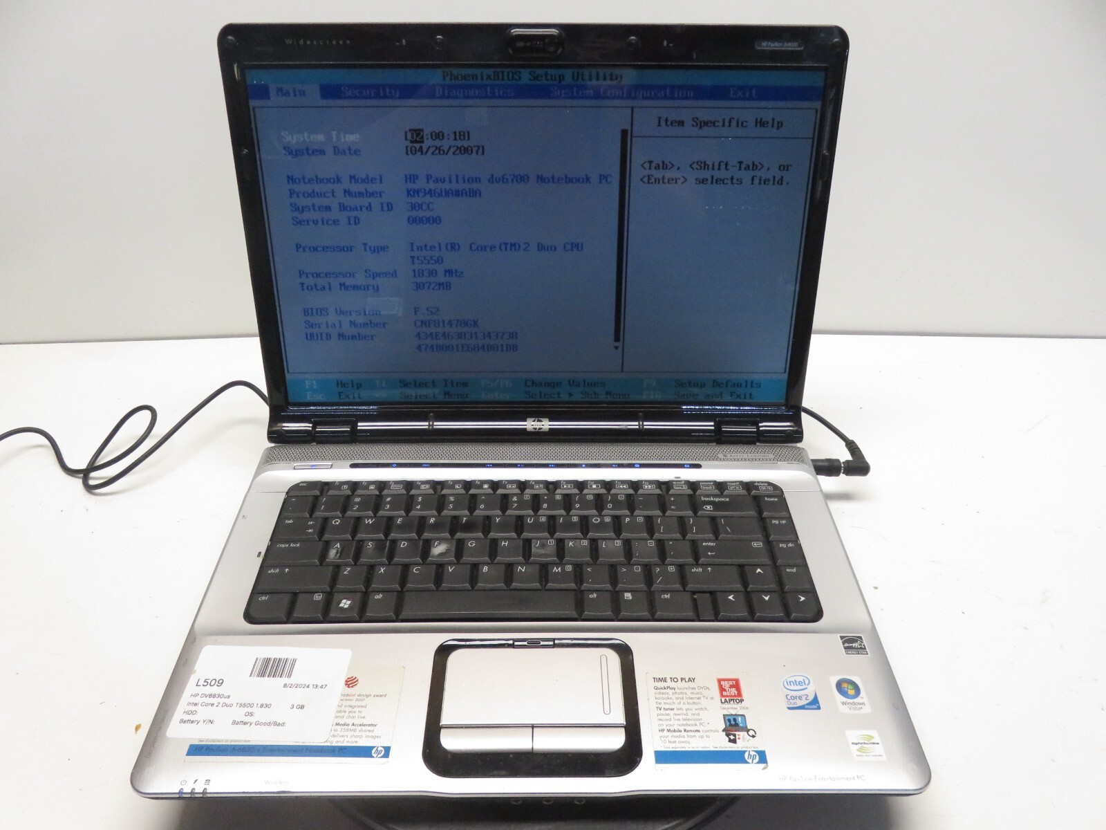 HP DV6830us Laptop Intel Core 2 Duo T5500 3GB Ram No HDD or Battery