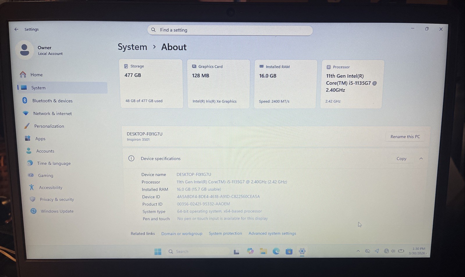 Dell Inspiron 3501 i5-1135G7@2.40GHz, 16GB RAM, 512GB M2, Win 11 Pro *READ*