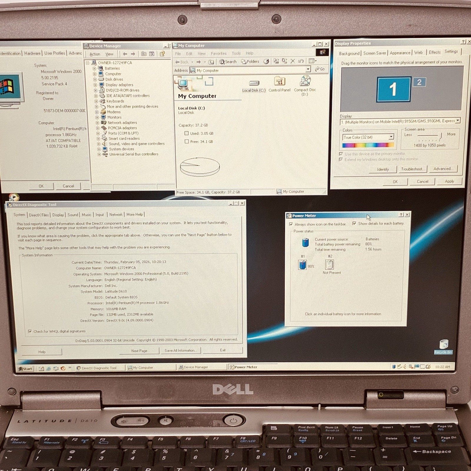 Vintage 14” Dell D610 Win2000 Pro 1GB 40GB DVD-RW 1400p Good Batt OEM AC Grade A