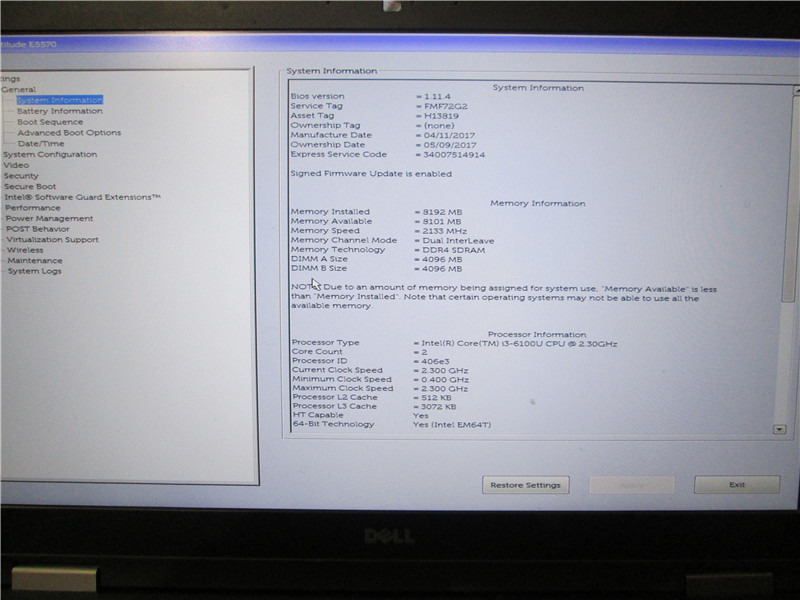 Dell Latitude E5570 Laptop, 8GB RAM, Intel Core i3-6100U 2.30GHz,