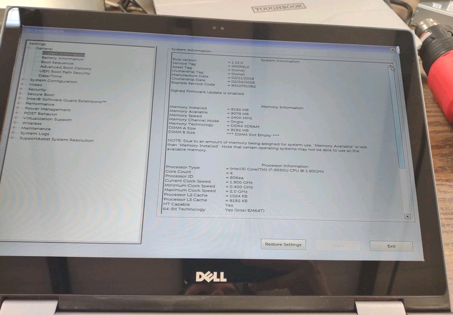 DELL INSPIRON 15 5579 2N1 TOUCH W/ i7-8550U 1.8GHz, 8GB RAM, 250GB HDD