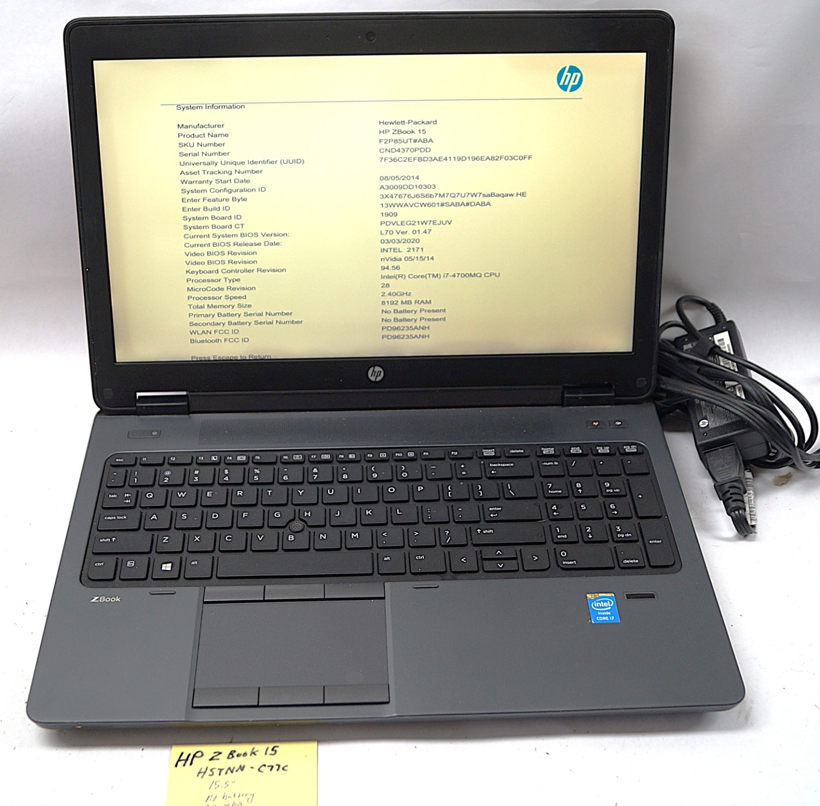 HP HSTNN-C77C ZBook 15 15.5″ 8GB RAM 2.4GHz No HD No Battery WORKING PoR E113