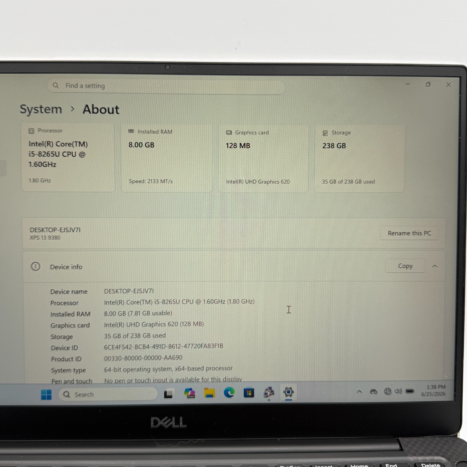 Dell XPS 13-9380 13″ Laptop i5-8265U 8GB RAM 256SSD WIN 11 BKLIT WEBCAM with AC