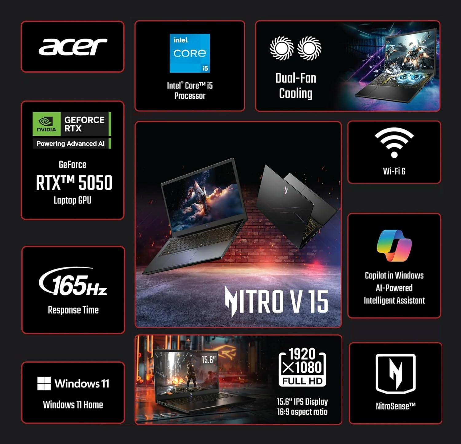 Nitro V 15.6” FHD IPS 165Hz Gaming Laptop, Intel Core I5-13420H, NVIDIA Geforce