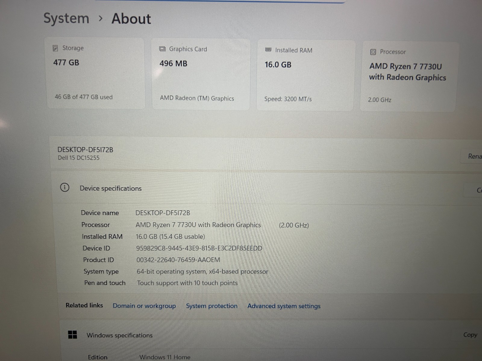 DELL 15 DC15255 G8MK9, AMD Ryzen 7 7730U, 2.00 GHz, 16 GB RAM 512 GB NVMe SSD
