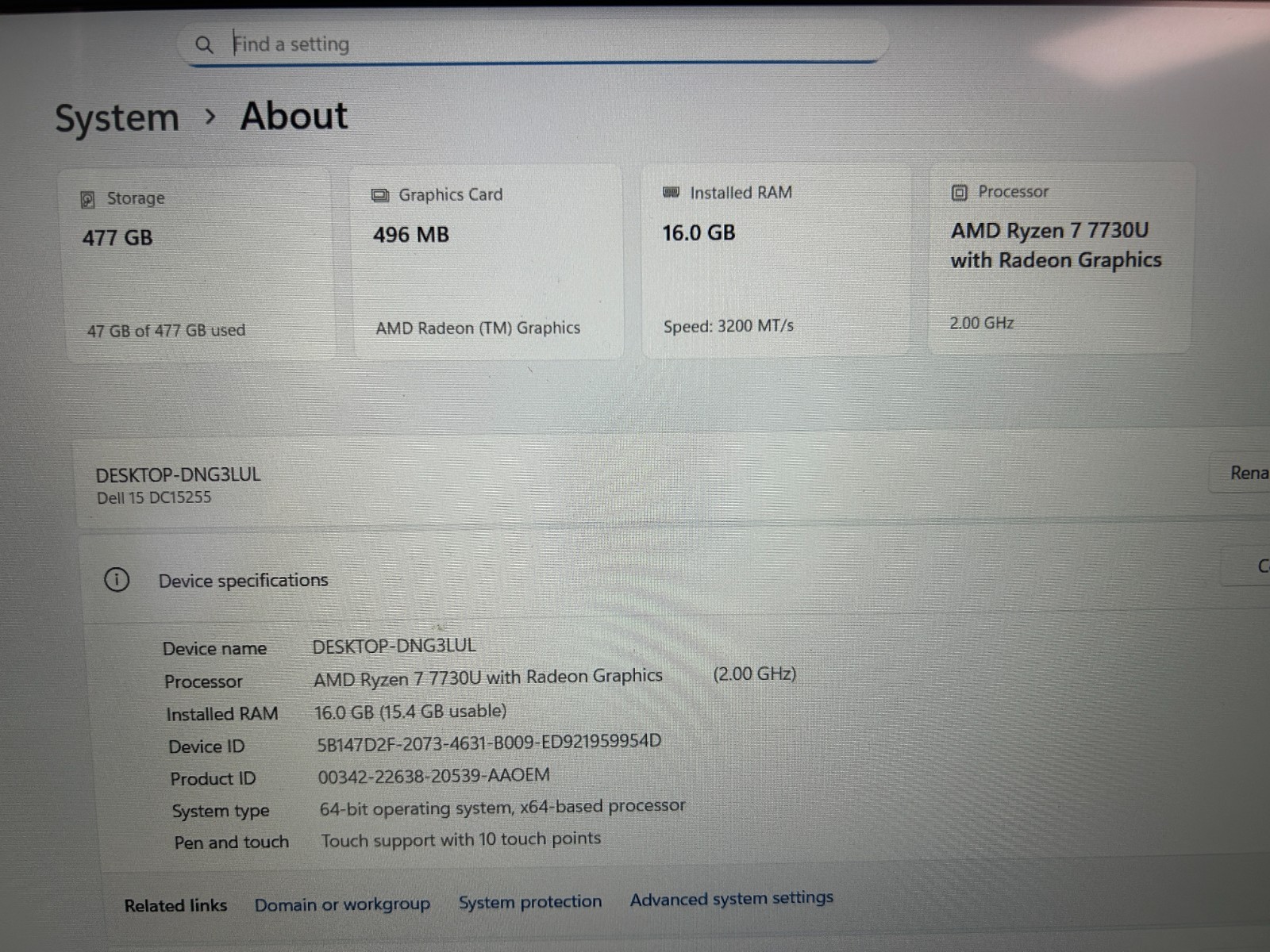 DELL 15 DC15255 G8MK9, AMD Ryzen 7 7730U, 2.00 GHz, 16 GB RAM, 512 GB NVMe SSD