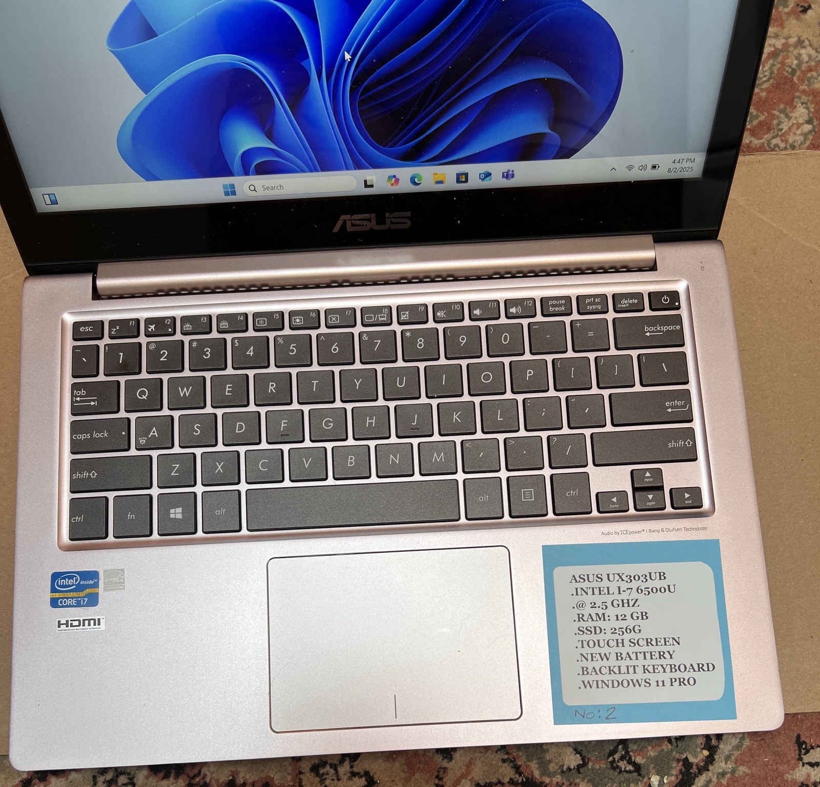 Asus Zenbook UX303UB, I7,12G Ram SSD250 G Nvidia Touch Screen Win 11 Pro No:2