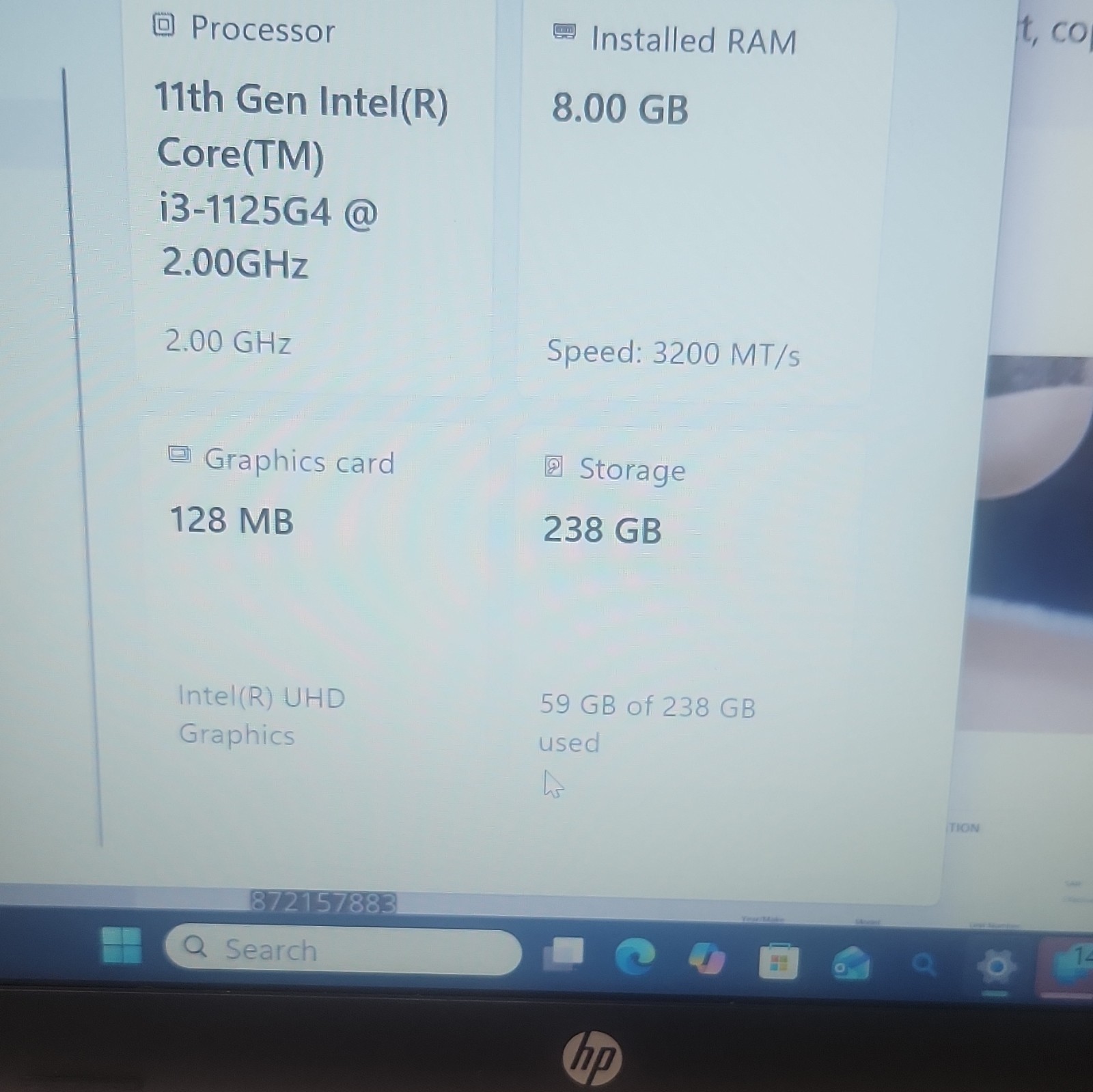 HP 15.6in Laptop Intel Core i3-1125G4 8GB RAM 238GB SSD Win11 Home