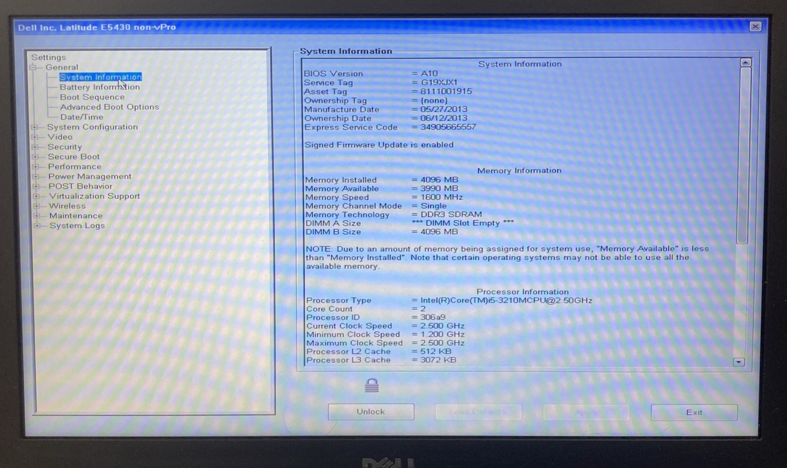 DELL LATITUDE E5430 Intel Core i5-3210M 2.50 GHZ 4 GB No HD Boot to bios