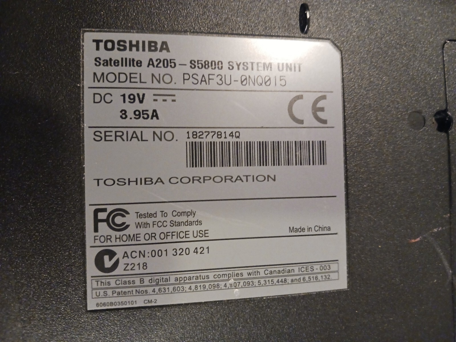 Toshiba Satellite A205 System Unit Window Vista Home Prem Dvd/cd/R ,WORKING COND