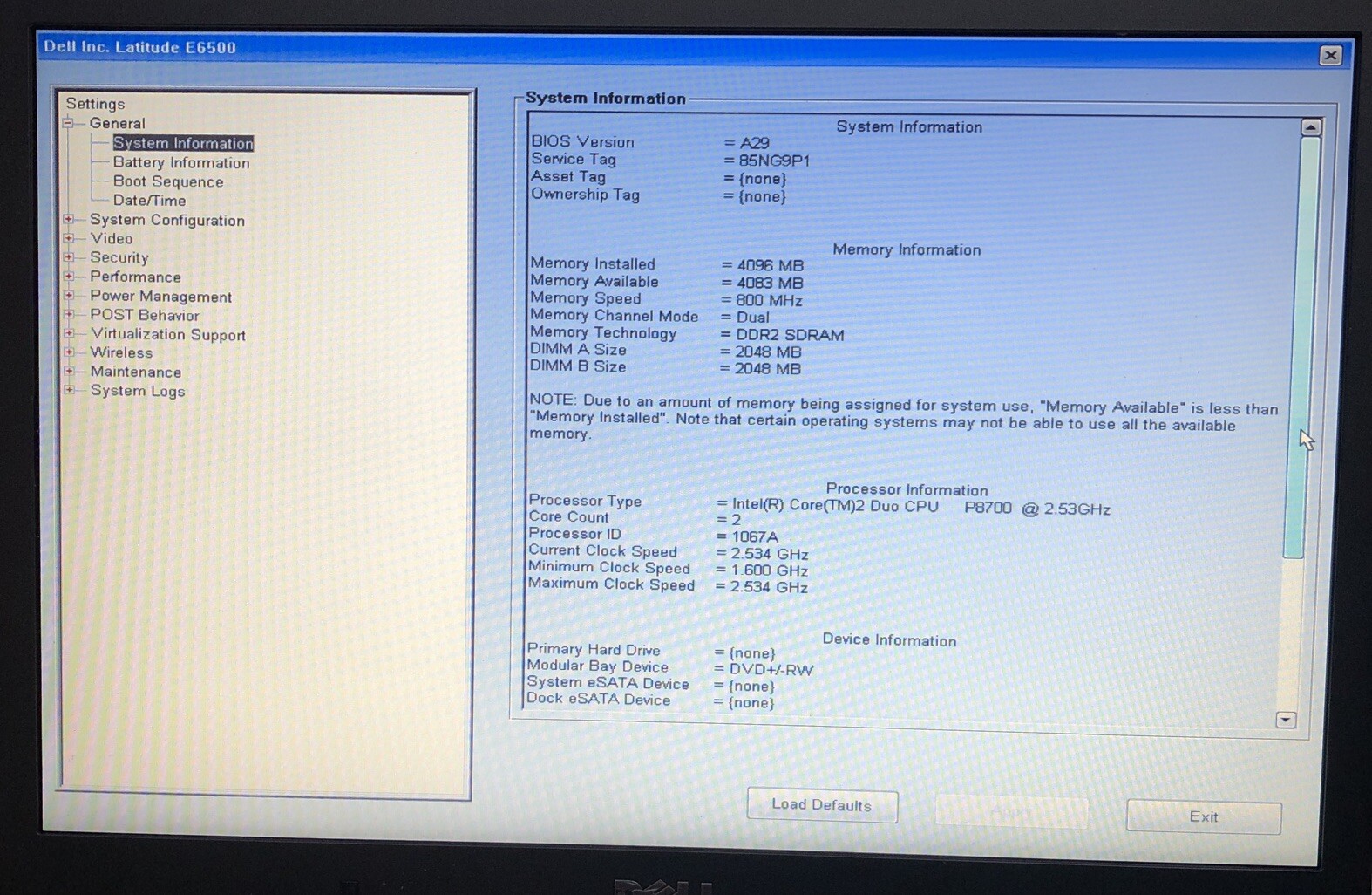 Dell Latitude E6500 Intel Core 2 Duo 2.53GHz 4GB BOOTS TO BIOS