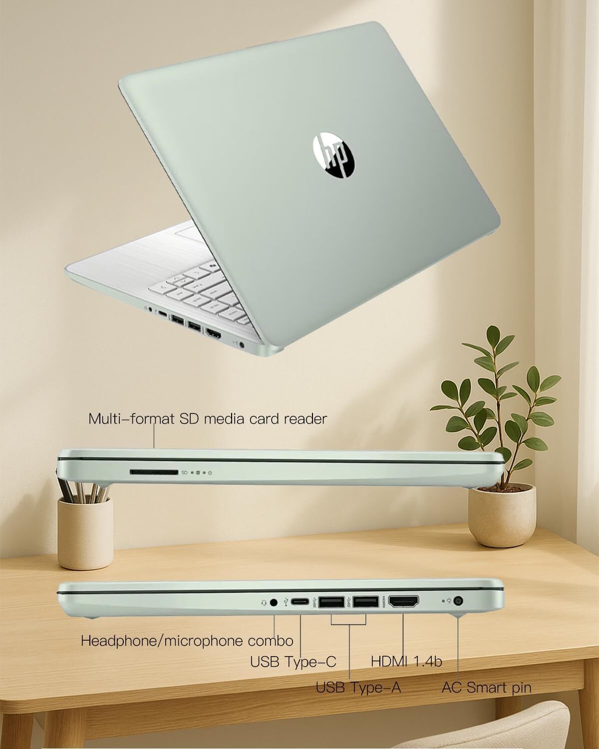 HP – 14″ Laptop – Intel Processor N150 – 4GB Memory – 128GB UFS – Willow Green