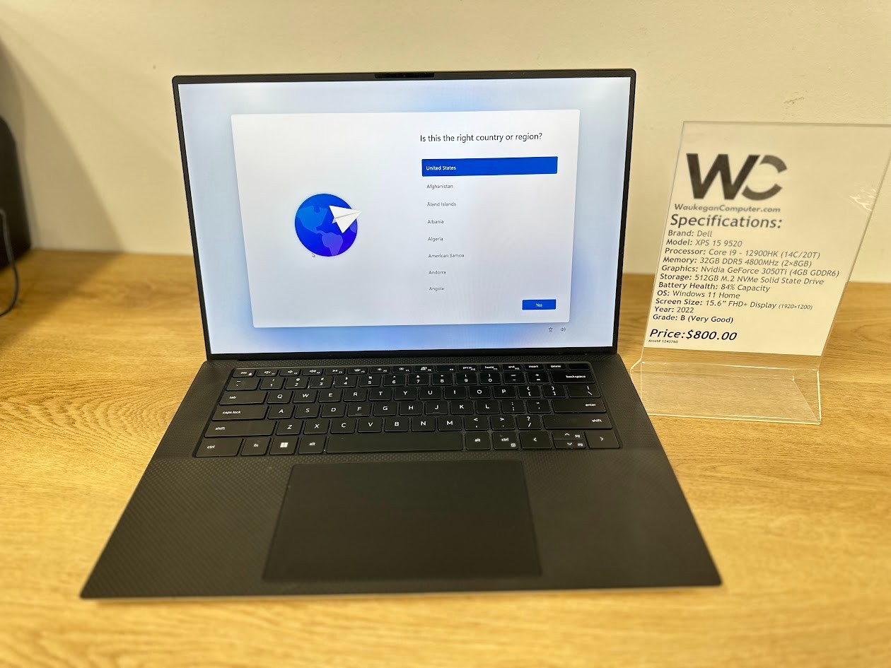 Dell XPS 15 9520, Core i9 12900HK, 32GB DDR5, Nvidia GeForce 3050Ti, 512GB SSD