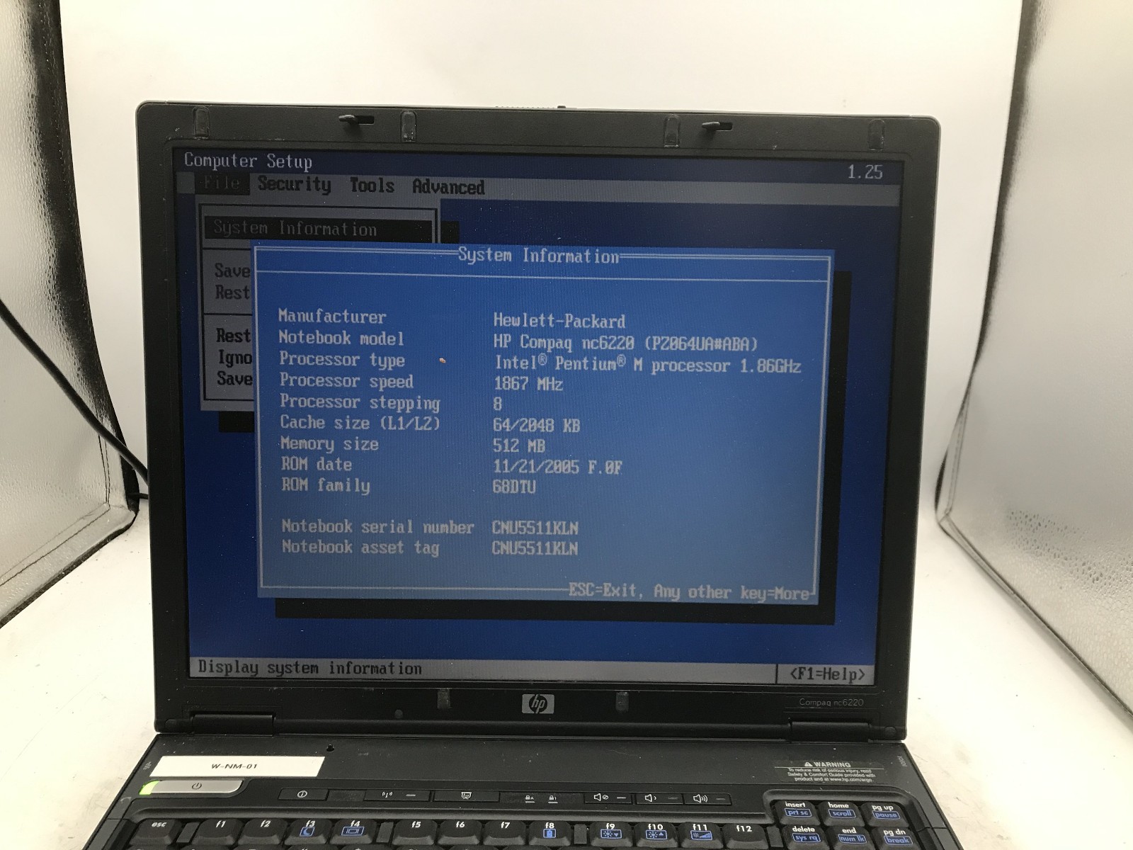 HP COMPAQ NC6220 – BOOTS TO BIOS – INTEL PENTIUM M – 512MB RAM – READ DESC – BB!