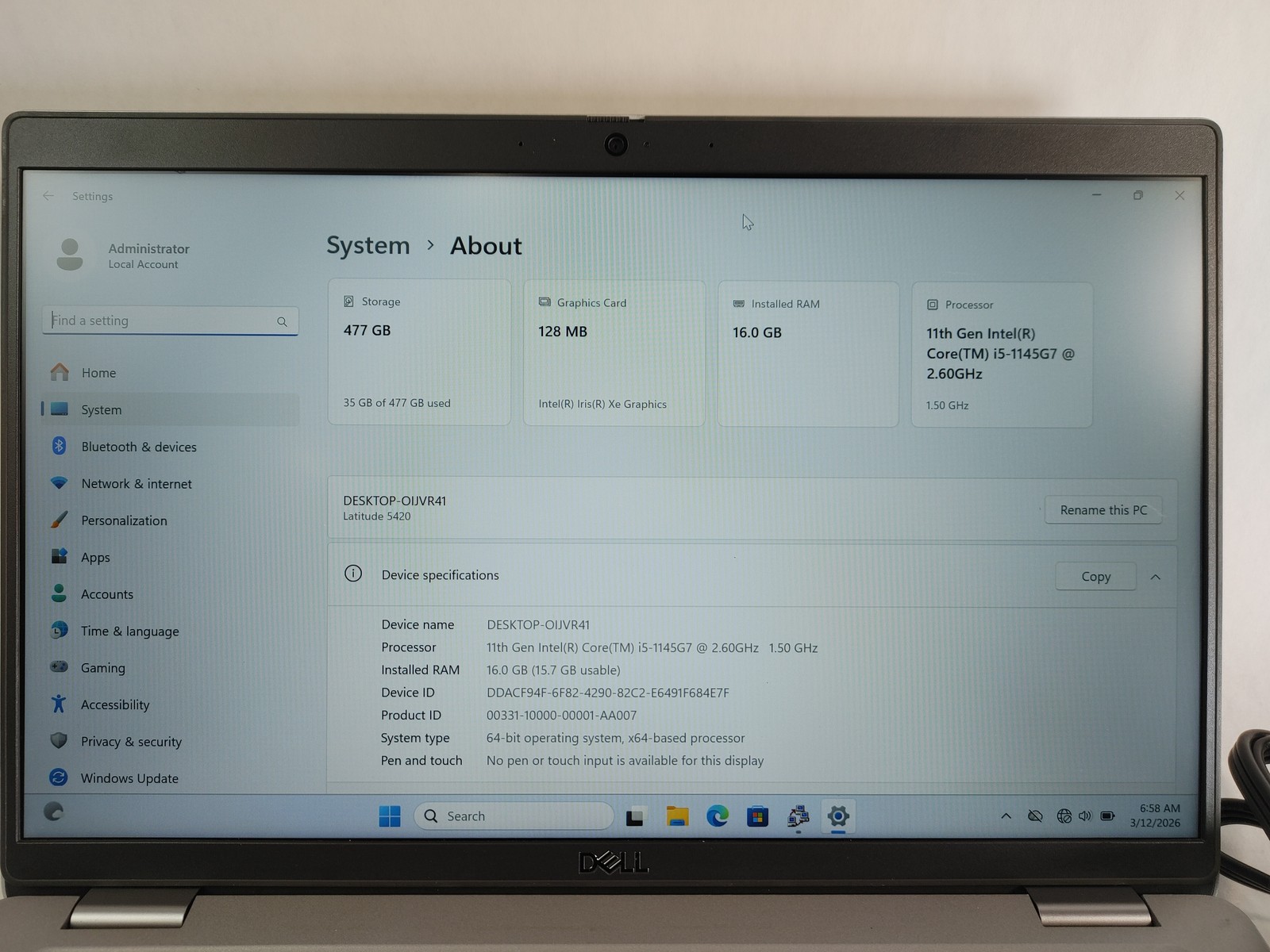 Dell Latitude 5420 Core i5-1145G7 2.60 GHz 16 GB DDR4 512 GB NVMe Windows 11 Pro