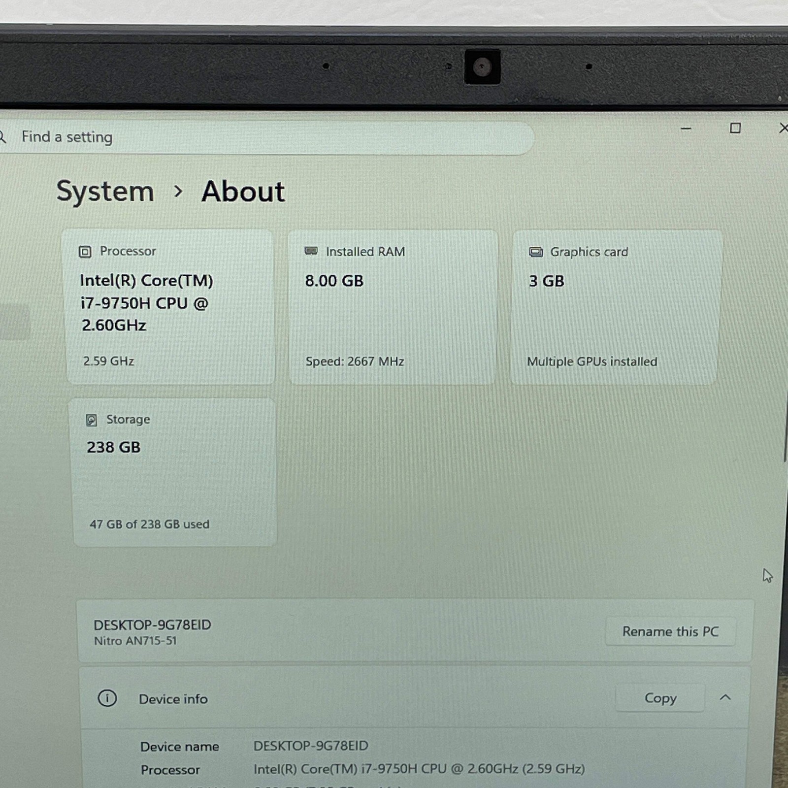 Broken Acer Nitro 7 9G78EID 15.6″ i7-9750H 2.59 8GB RAM 256GB SSD GeForce GTX 10