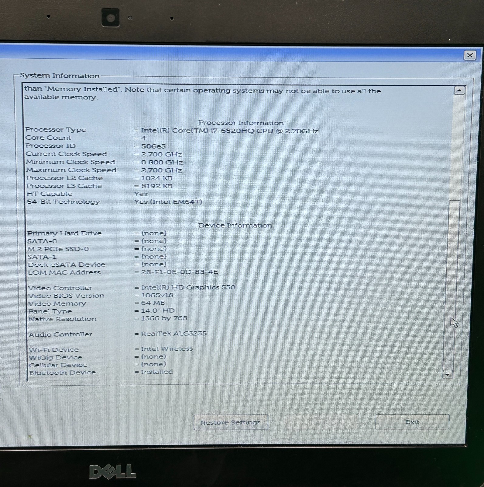 Dell Latitude E5470 14″ Laptop Intel i7-6820HQ 2.70GHz 16 GB RAM Without Storage
